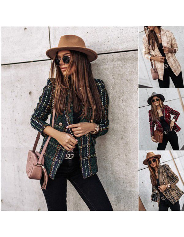 Autumn and winter long-sleeved double-breasted suit collar printed jacket for women 