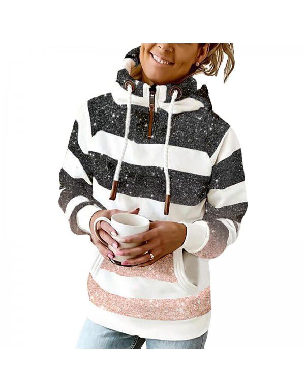 Printed Hooded Drawstring Sweater Loose Pullover Casual Sweater Women 