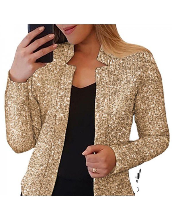 Women's gold sequin color matching short fashion casual women's coat 