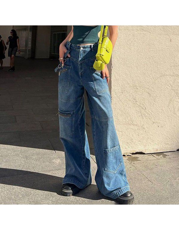 American Style Tall Multi Pocket Zippered Old Jeans Women's New Strap Straight Leg Wide Leg Pants