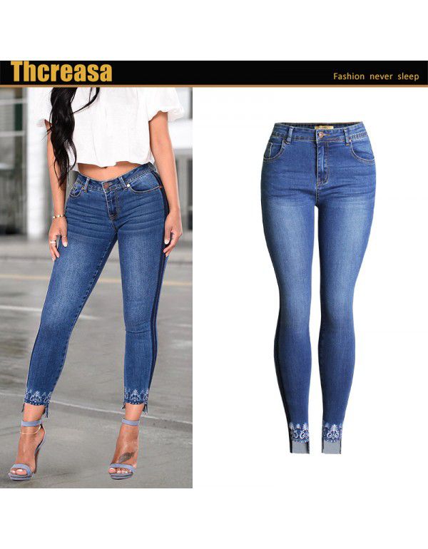 Autumn and Winter New Women's Foreign Trade Medium High Waist Elastic Slim Fit Embroidered Skinny Jeans Pencil Pants