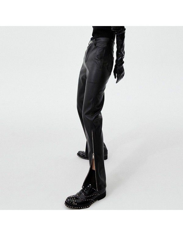 Autumn and Winter New Black PU Leather Casual Pants Women's High Waist Brushed Zipper Side Split Straight Pants Casual Versatile