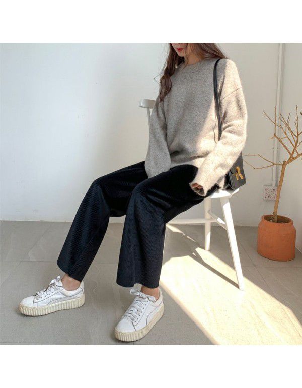 Spring and Autumn plush small straight leg pants with elastic waist, lazy man wide leg pants, slim and versatile pants