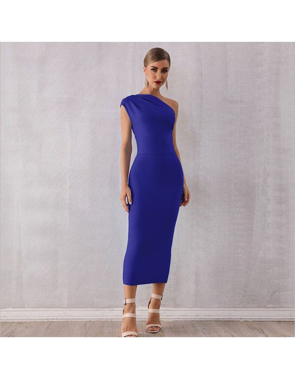 New Fashion Elegant Women's One Shoulder Bandage Dress Sexy Sleeveless Tight Sky Blue Evening Dress 