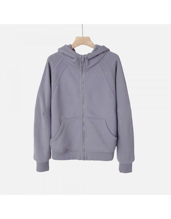 Autumn new style solid color plush zippered sweater short hoodie sportswear casual versatile coat women 