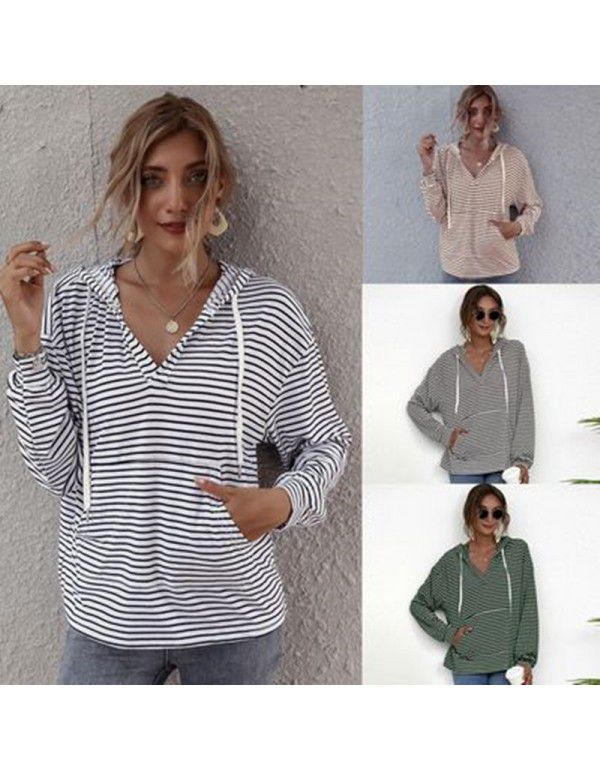 Spring new European and American women's hooded striped top loose sweater women 