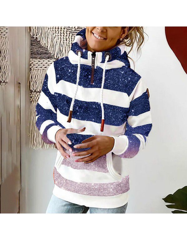 Printed Hooded Drawstring Sweater Loose Pullover Casual Sweater Women 