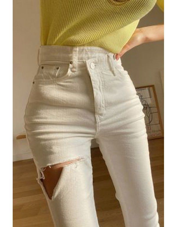 Korean High Waist White Jeans Women's Autumn/Winter Slim Fit and Slim French Split Straight Crop Pants with Broken Burr Edges