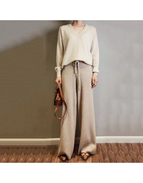 Cashmere knitted wide leg trousers for women in autumn and winter, white thickened, high waist, straight tube, loose, draping wool trousers 