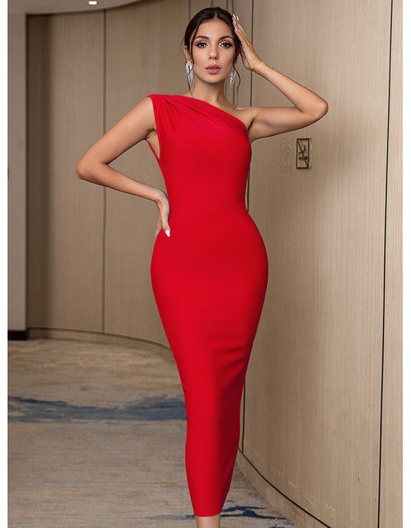 New Fashion Elegant Women's One Shoulder Bandage Dress Sexy Sleeveless Tight Sky Blue Evening Dress 