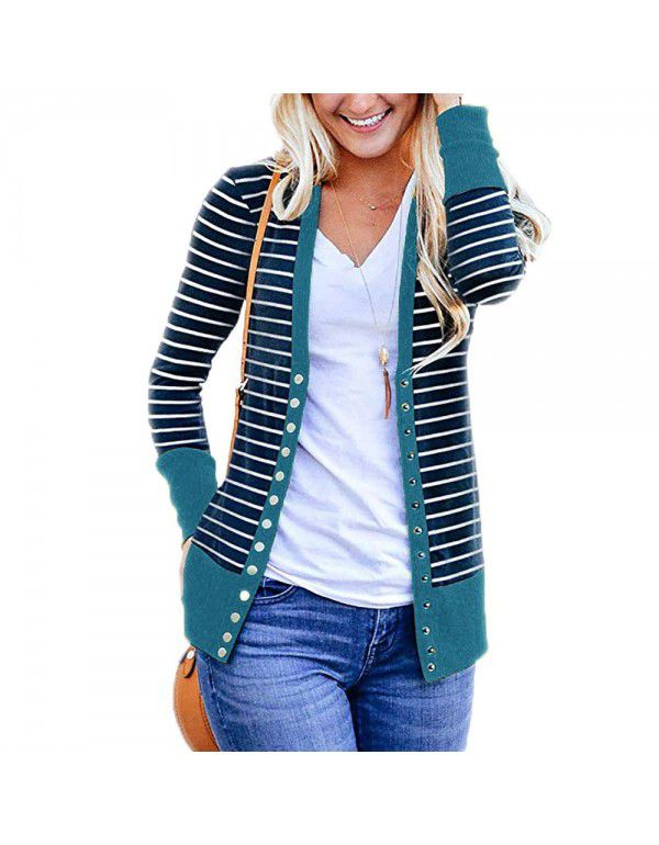 Women's striped patchwork medium length long sleeve single breasted cardigan jacket