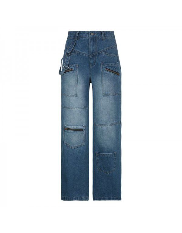 American Style Tall Multi Pocket Zippered Old Jeans Women's New Strap Straight Leg Wide Leg Pants