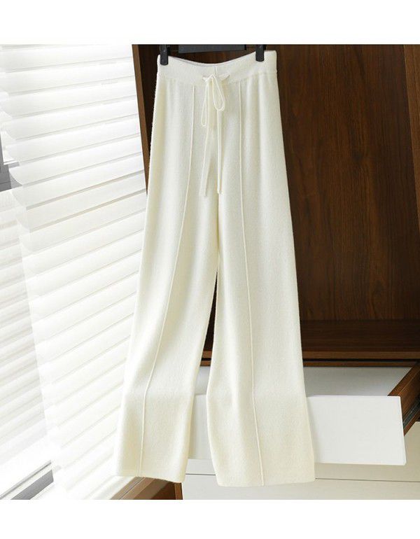 High-end cashmere temperament wide-leg trousers women's high-waisted cashmere cloud trousers loose casual straight pants for autumn and winter 