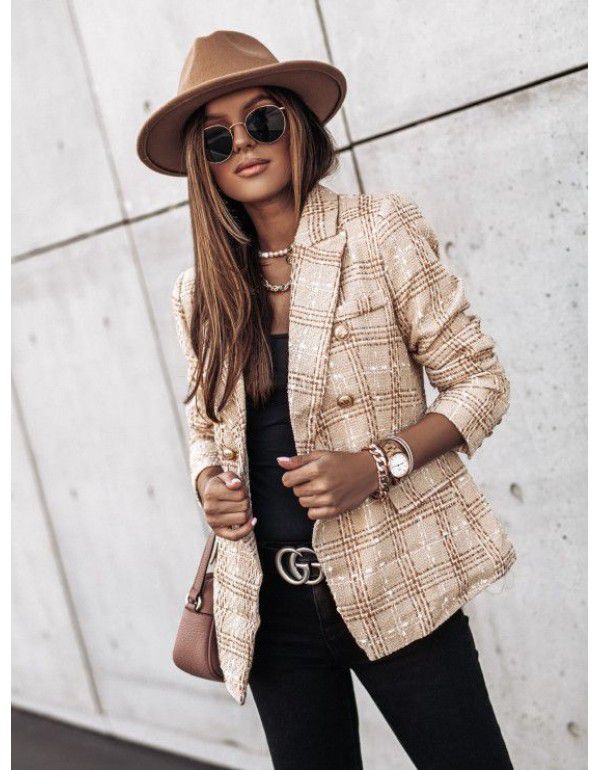 Autumn and winter long-sleeved double-breasted suit collar printed jacket for women 