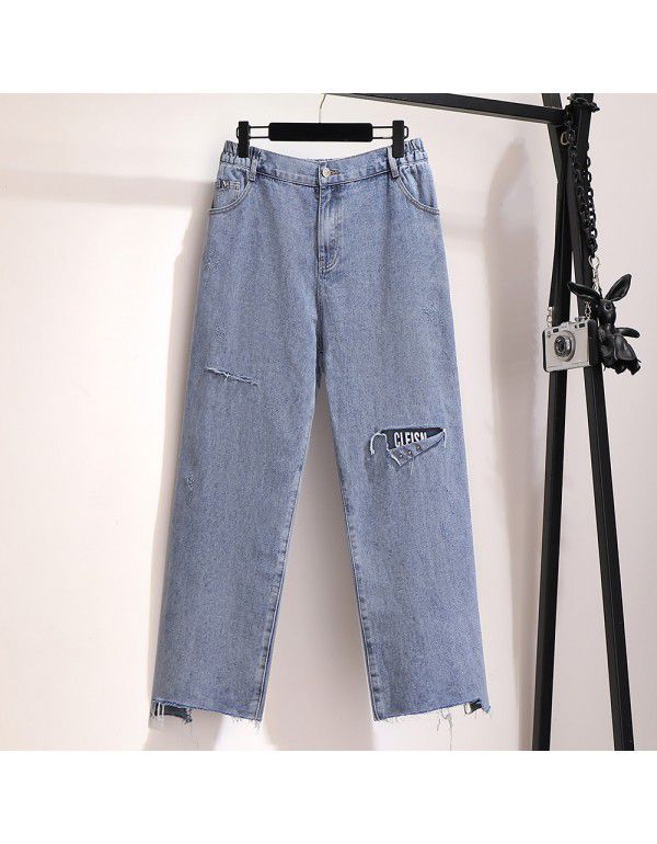 Spring New Broken Hole Denim Pants Straight Leg Wide Leg Casual Women's Pants