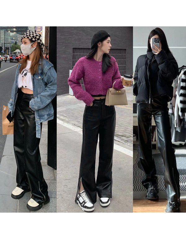 Autumn and Winter New Black PU Leather Casual Pants Women's High Waist Brushed Zipper Side Split Straight Pants Casual Versatile