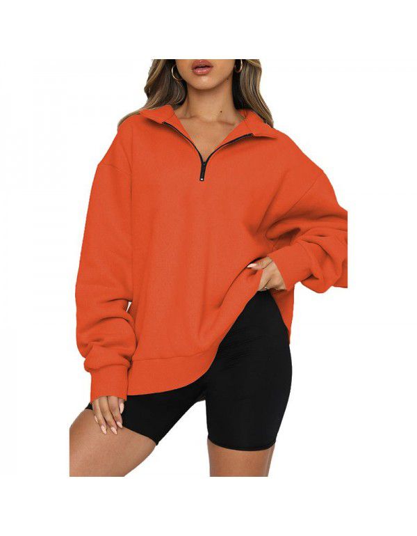 Women's sweater Women's new European and American solid color half zip pullover long sleeve loose top