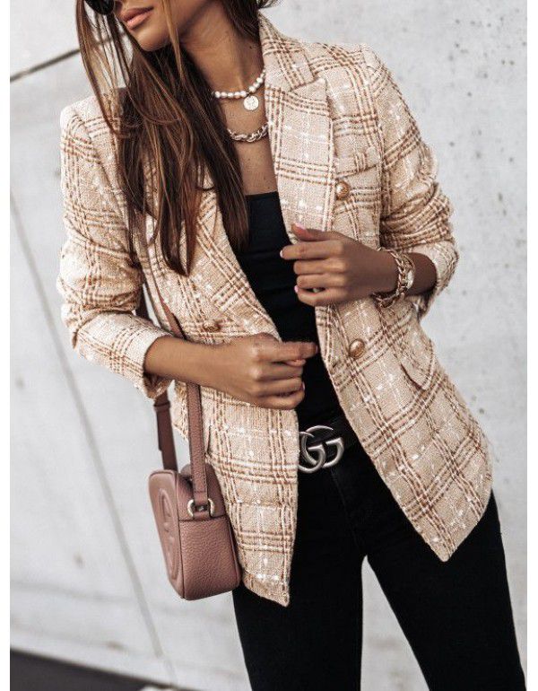 Autumn and winter long-sleeved double-breasted suit collar printed jacket for women 