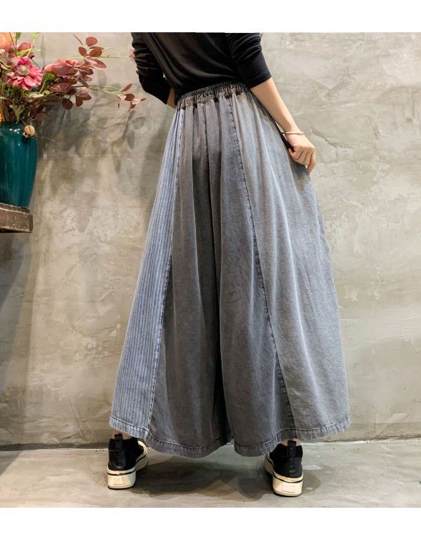 Denim Wide Leg Pants Spring New Fashion Personalized Color Matching Old Size Skirt Pants Cropped Pants Women