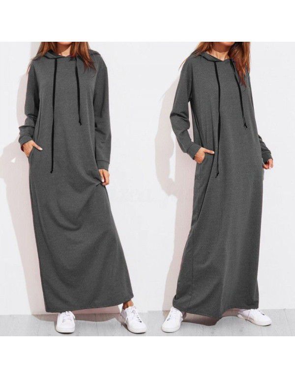 New Spring, Summer, Autumn European and American Women's Long Sleeve Hooded Long Sweater Dress