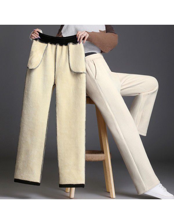 Source straight cut chenille wide leg pants women's winter plush thickened extra-thick draping loose straight tube casual pants 