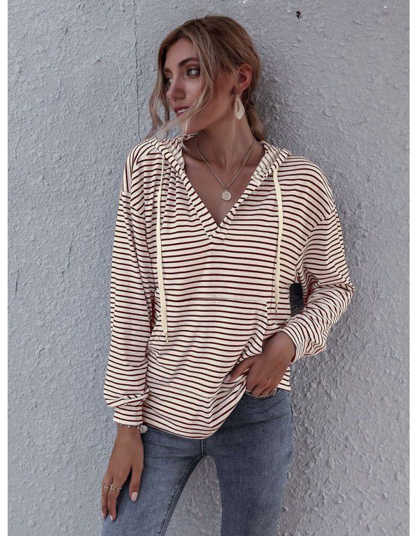 Spring new European and American women's hooded striped top loose sweater women 