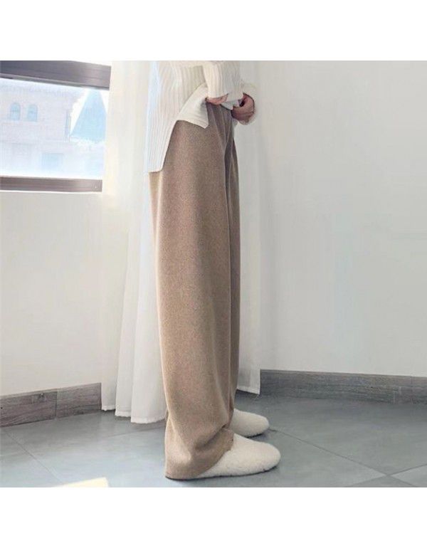 Women's knitted wide leg trousers in autumn and winter, corduroy shows thin, high waist, loose, draping, straight tube, floor, imitation cashmere pants 