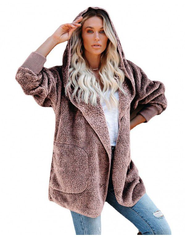 Women's long-sleeved coat casual hooded solid color cardigan plush woman 