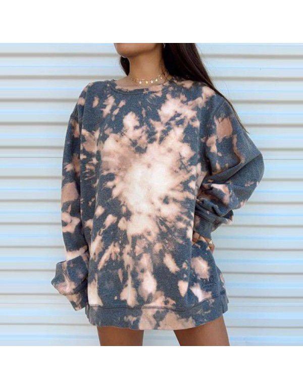 Spring and Summer Women's Wear European and American Tie Dye Printed Hooded Long Sleeve T-shirt Sweater