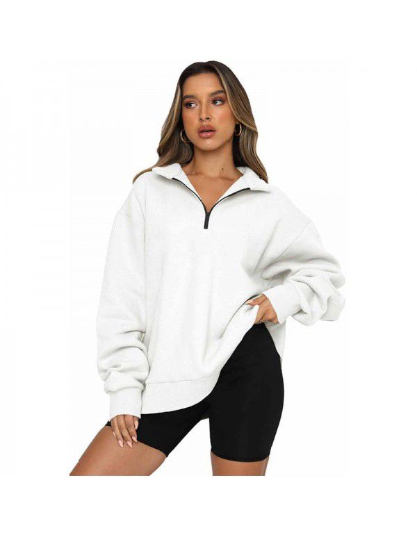 Women's sweater Women's new European and American solid color half zip pullover long sleeve loose top