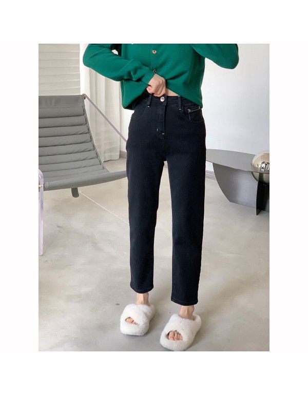 High Waist Straight Leg Jeans Women's New Black Slim Leg Length Short Versatile Crop Pants Smoke Tube Pants