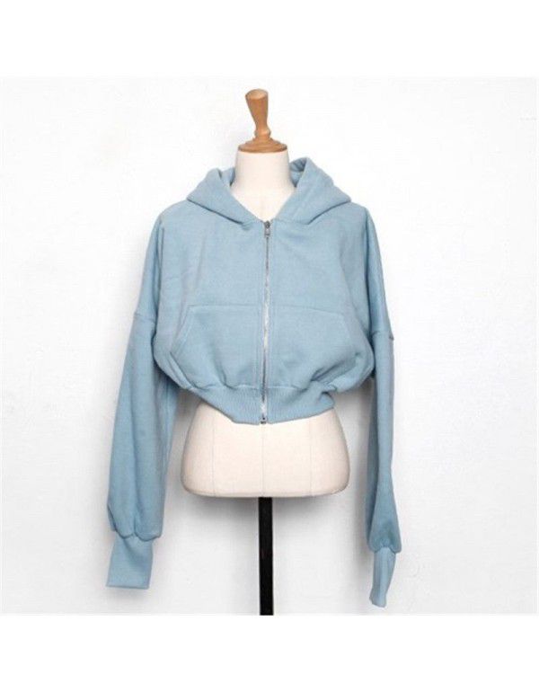 Fashion hooded cardigan zippered plush sweater Women's slim casual coat