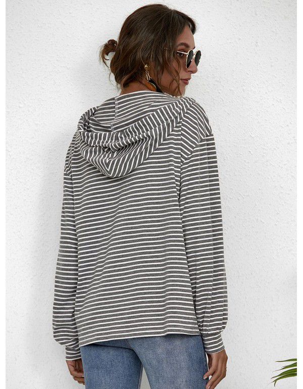 Spring new European and American women's hooded striped top loose sweater women 