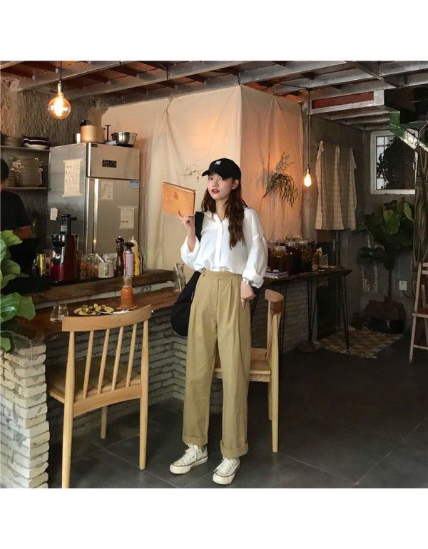 Spring/Summer Korean Version Simple Versatile Loose BF Port Style Casual High Waist Work Wear Straight Tube Casual Pants Women's Wide Leg Pants