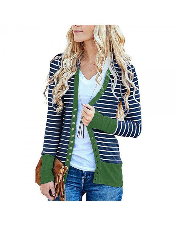 Women's striped patchwork medium length long sleeve single breasted cardigan jacket