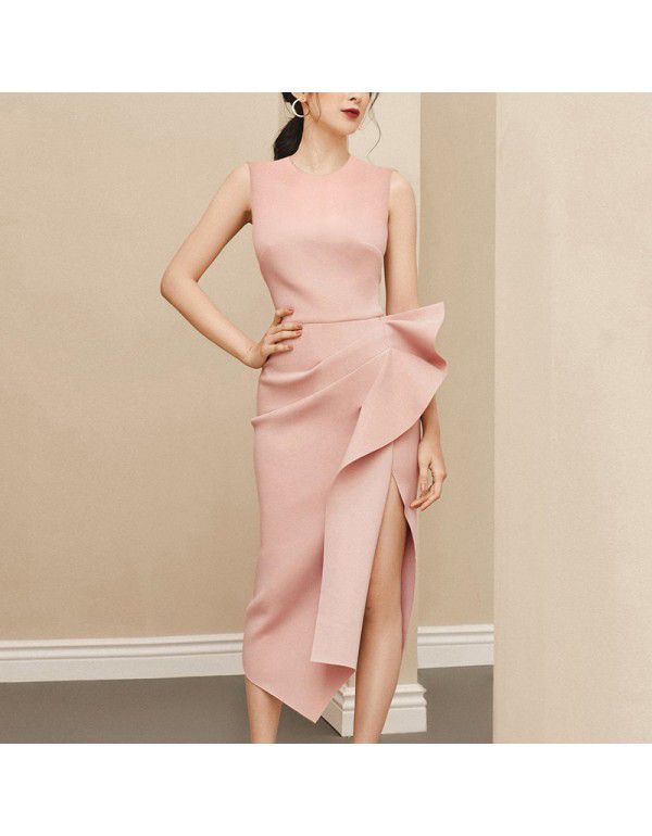 New Pink Temperament Celebrity Dress High Waist Sl...
