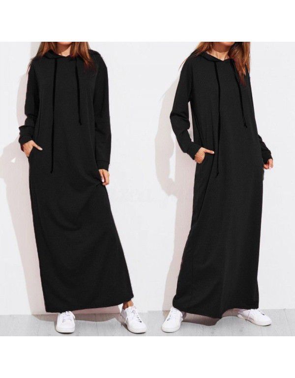 New Spring, Summer, Autumn European and American Women's Long Sleeve Hooded Long Sweater Dress