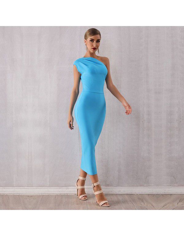 New Fashion Elegant Women's One Shoulder Bandage Dress Sexy Sleeveless Tight Sky Blue Evening Dress 