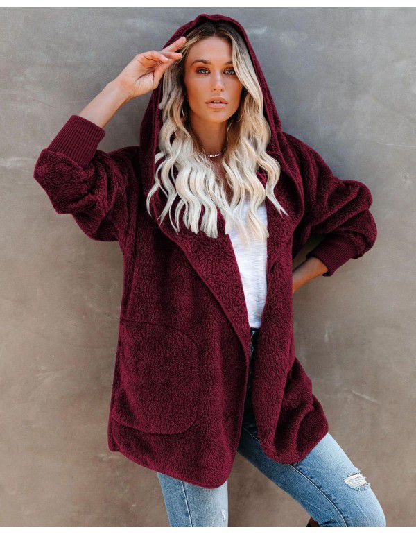 Women's long-sleeved coat casual hooded solid color cardigan plush woman 