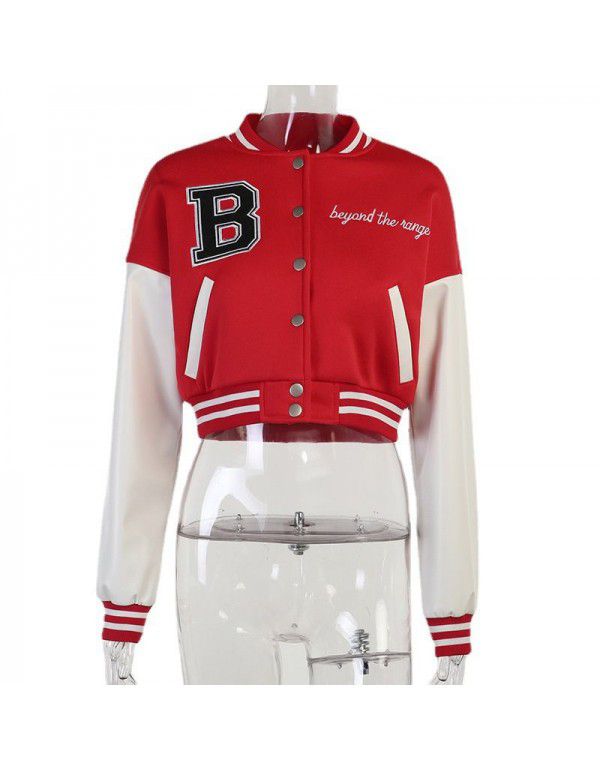 Contrast printed leather sleeve baseball jacket short jacket woman