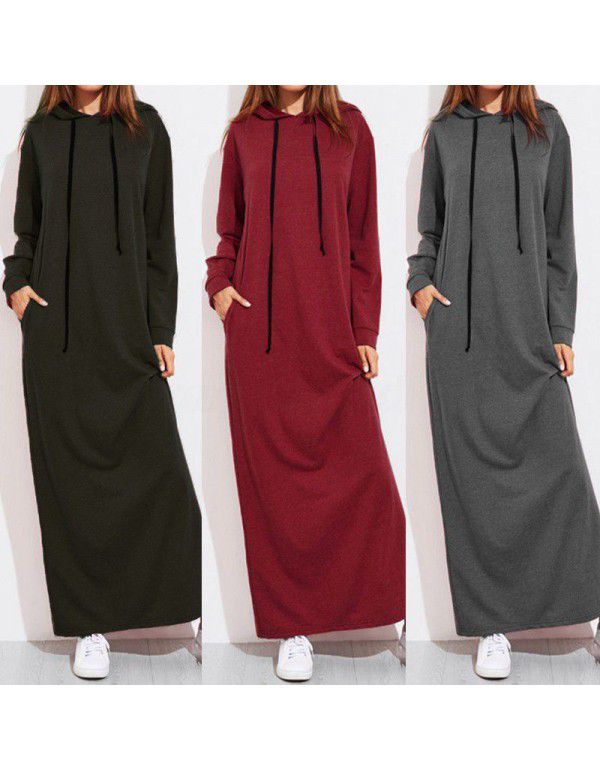 New Spring, Summer, Autumn European and American Women's Long Sleeve Hooded Long Sweater Dress