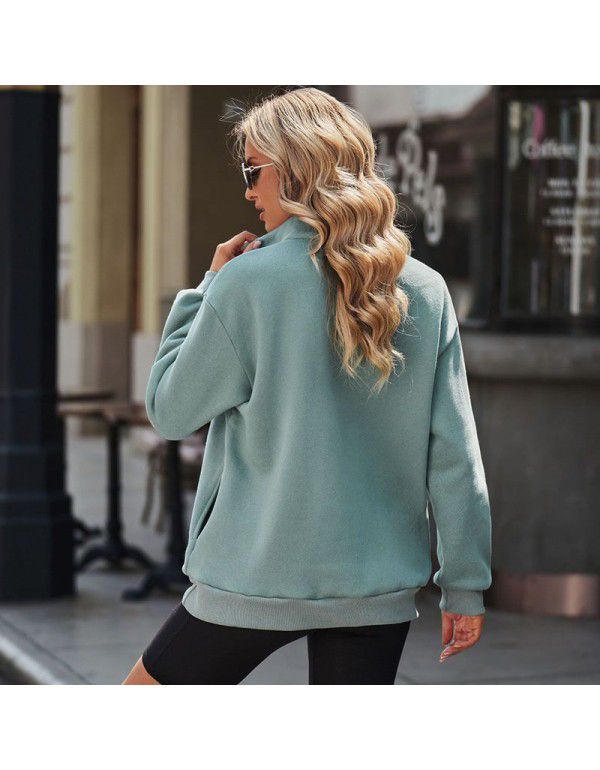 Women's sweater Women's new European and American solid color half zip pullover long sleeve loose top