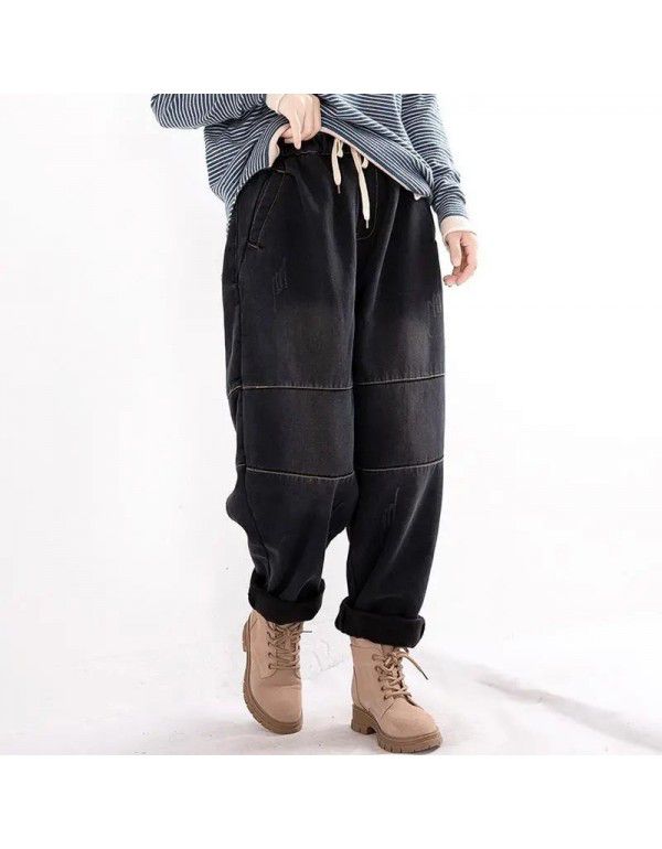 Large loose plush jeans women's new winter elastic waist patchwork Haren pants vintage daddy pants 