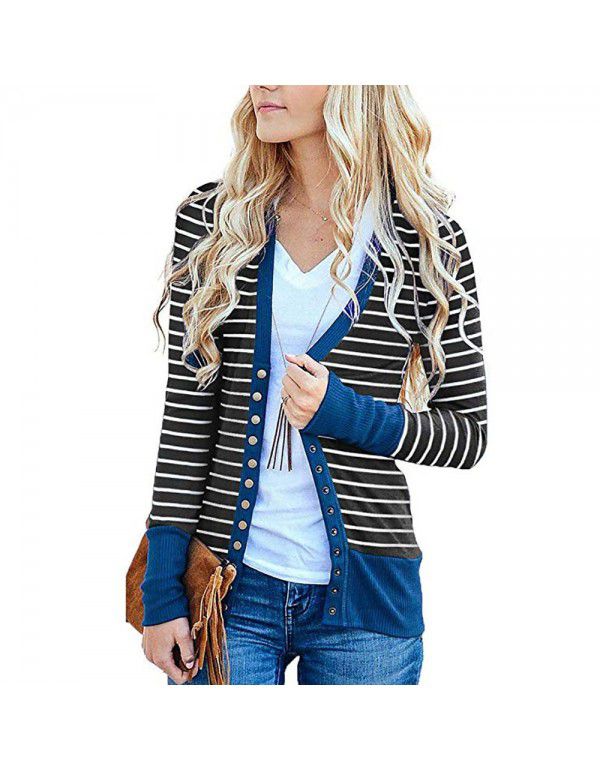 Women's striped patchwork medium length long sleeve single breasted cardigan jacket