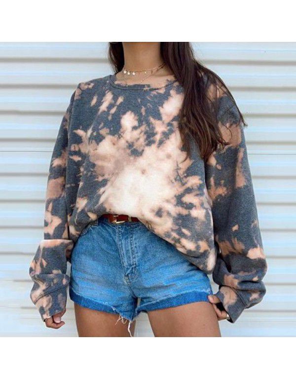 Spring and Summer Women's Wear European and American Tie Dye Printed Hooded Long Sleeve T-shirt Sweater