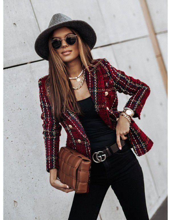 Autumn and winter long-sleeved double-breasted suit collar printed jacket for women 