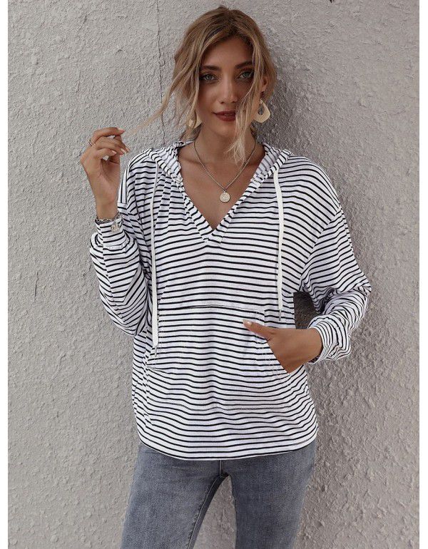 Spring new European and American women's hooded striped top loose sweater women 