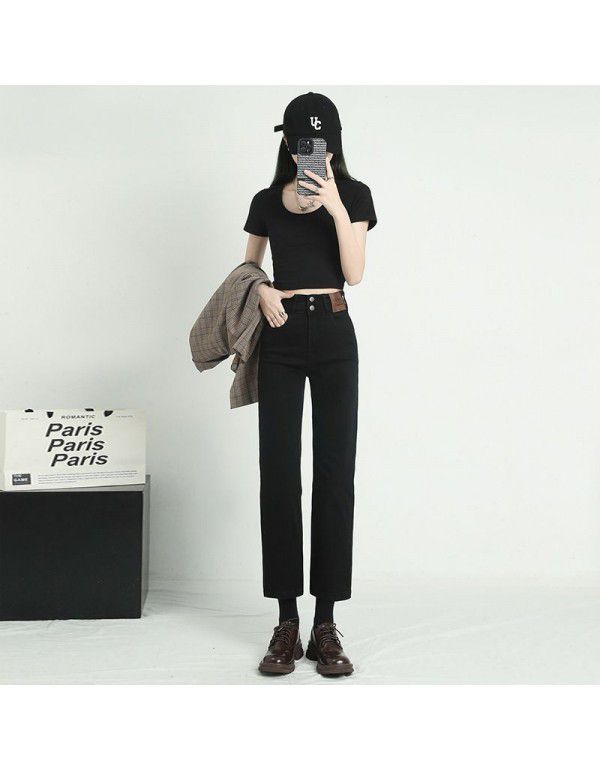 Black Small Straight Plush Jeans Women's High Waist Slim Fit Large Crop Pants