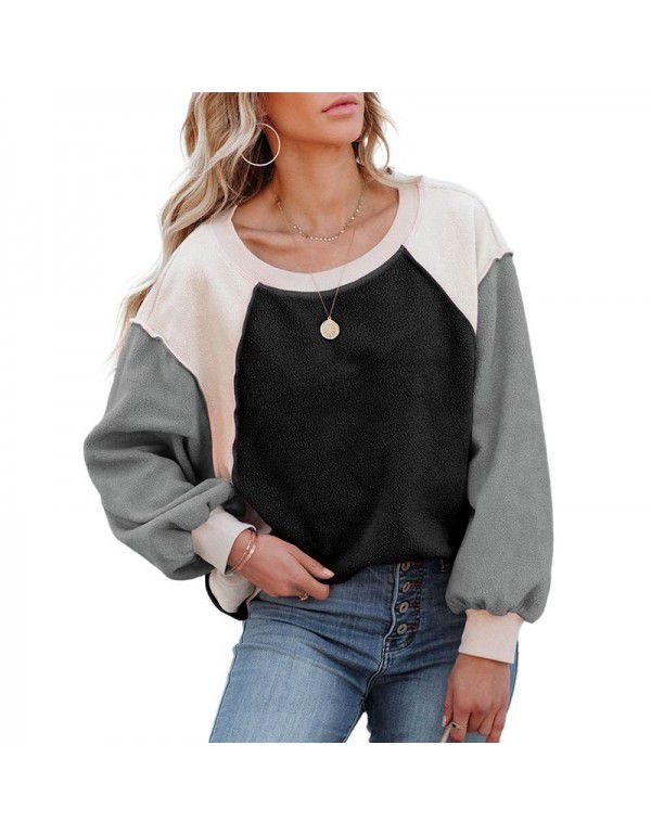 Brushed Lantern Sleeve Sweater for Women Autumn New Plush Contrast Long Sleeve Pullover for Women