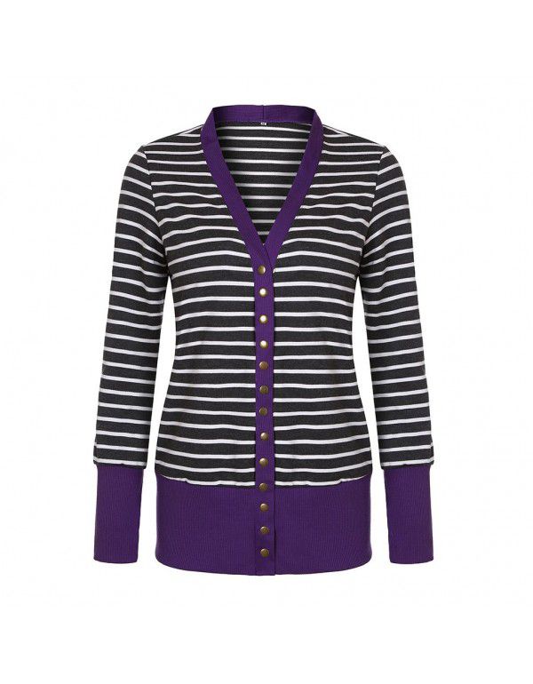 Women's striped patchwork medium length long sleeve single breasted cardigan jacket